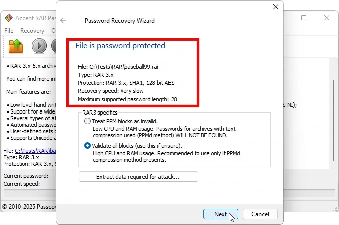 Archive file information window in AccentRPR