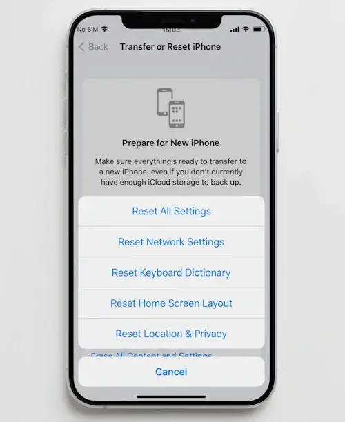 iPhone setting for resetting all settings