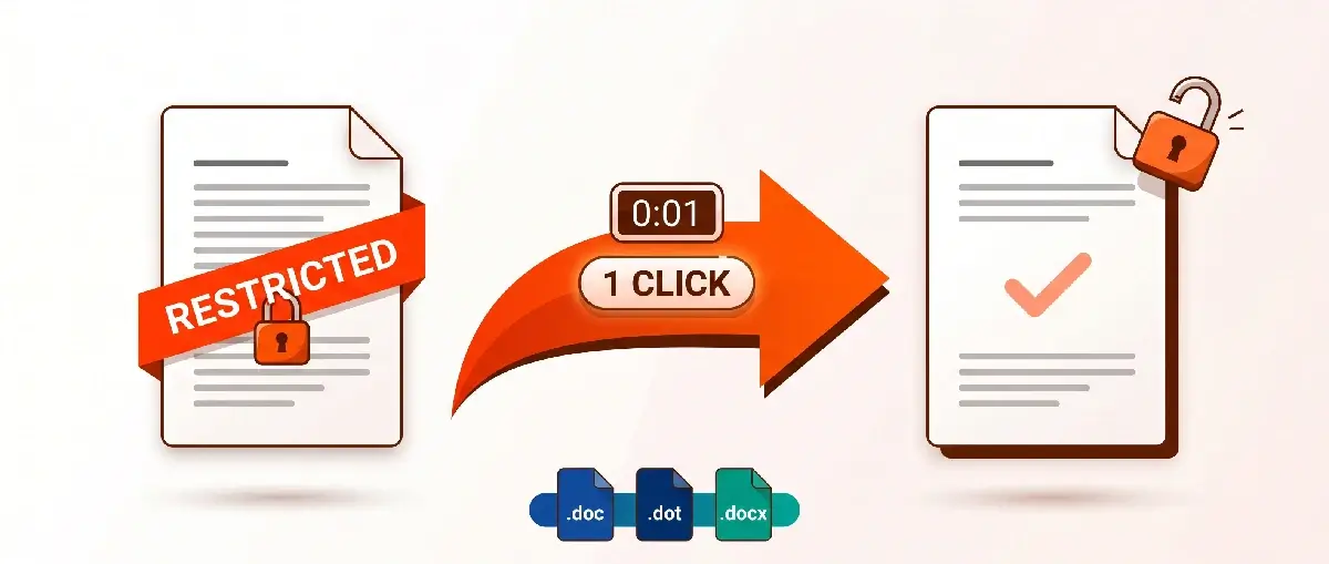 Removing Word's Restrict Editing in one click: from a RESTRICTED document to an unlocked one, formats .doc, .dot, .docx