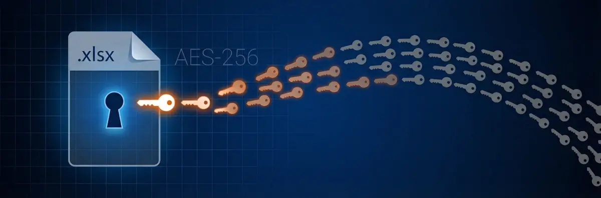 XLSX password recovery: a stream of keys flying toward an AES-256 encrypted Excel file with a keyhole