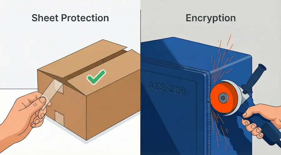 Two types of Excel protection compared: tape on a box (sheet protection, removed instantly) vs a welded seam on a safe labeled AES-256 (encryption, requires brute force)