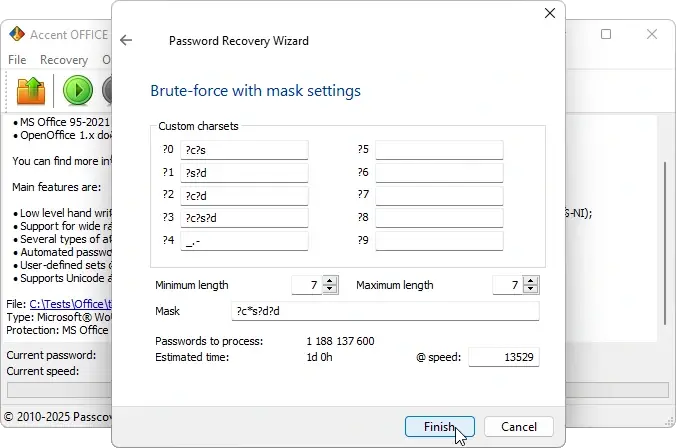 Setting up a positional mask ?c*s?d?d in Accent OFFICE Password Recovery for a 7-character Excel 2024 password