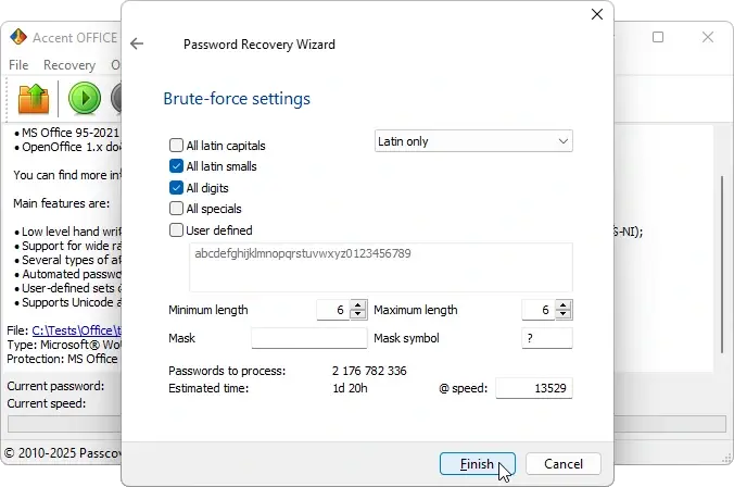 Recovery time calculator in Accent OFFICE Password Recovery: combination count and estimated time shown before the task starts