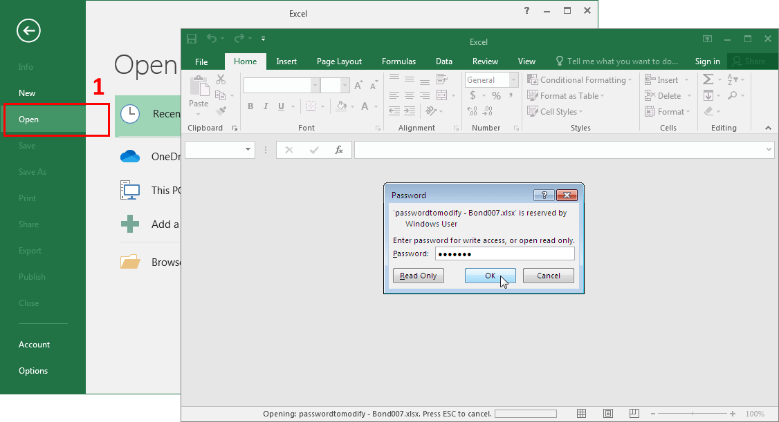 Microsoft Excel 2016-2019. Password to Modify Box