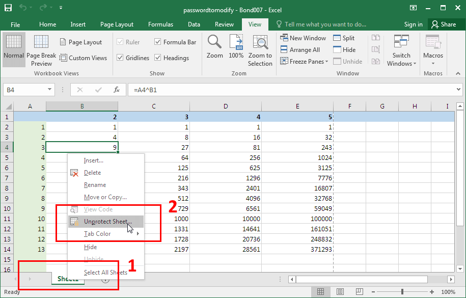 Microsoft Excel 2016-2019. Excel sheet context menu