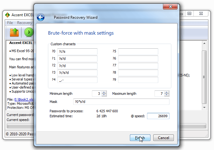 Brute force attack settings with positional mask in Passcovery programs