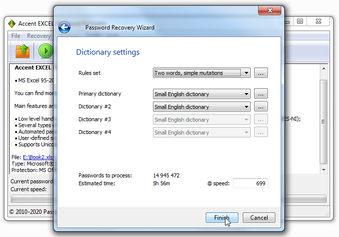 Dictionary attack settings in Passcovery programs