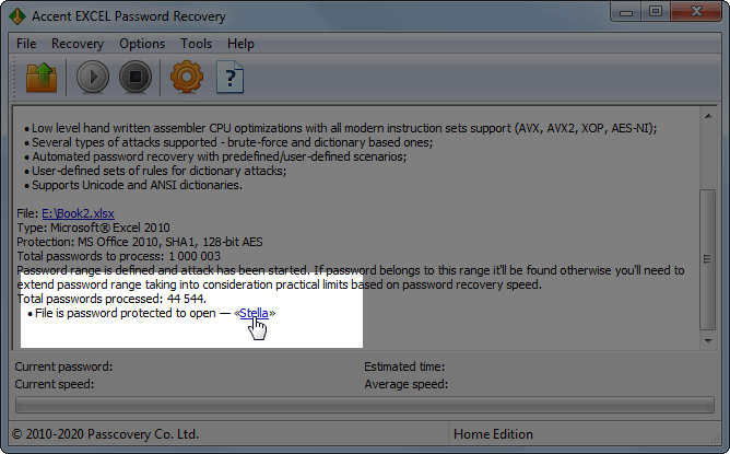 Accent EXCEL Password Recovery finds Excel passwords