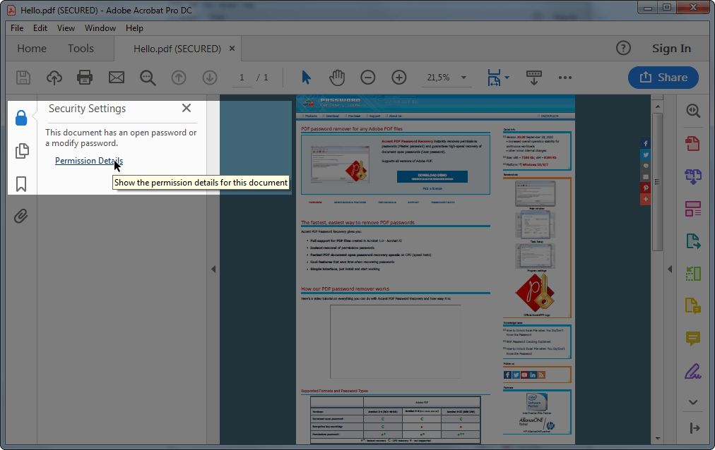 The shortest way to call up the information window about a PDF
