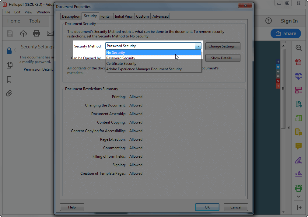 PDF parameters dialog in Adobe Acrobat Pro DC