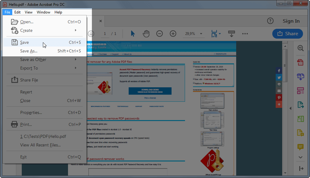 “File” menu in Adobe Acrobat Pro DC