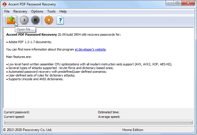 Interface and main window in Accent PDF Password Recovery