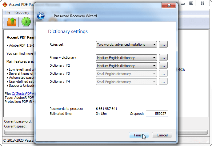 Dictionary attack settings in AccentPPR