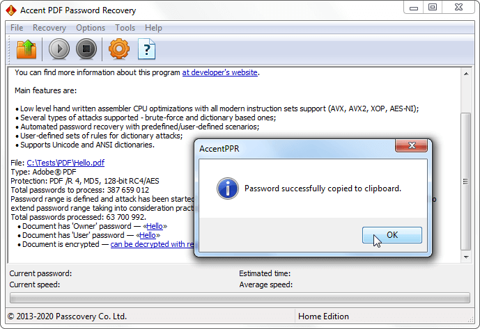 Display of found passwords in AccentPPR
