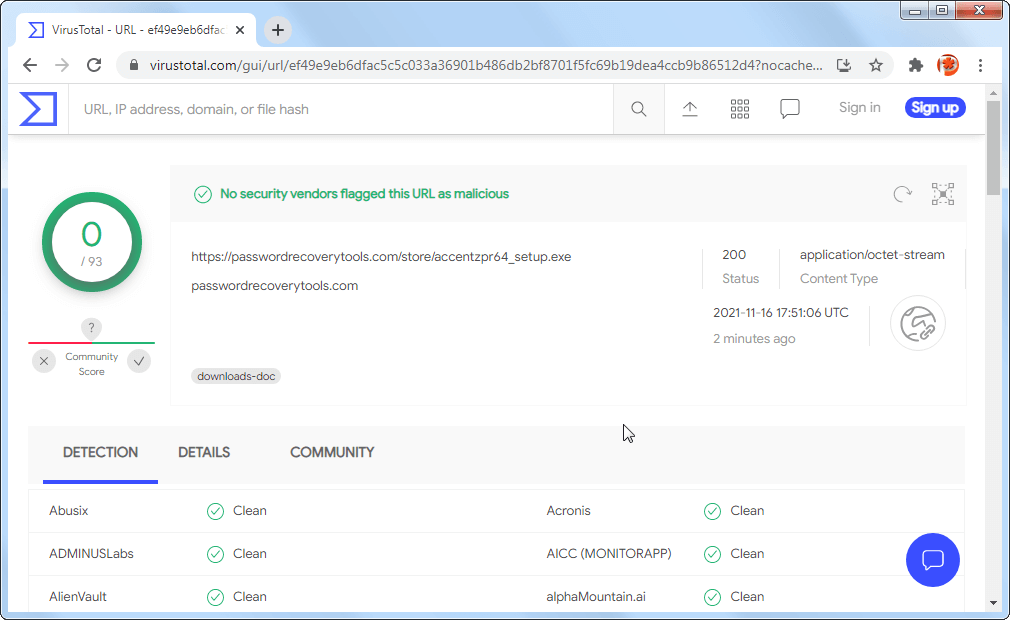 Clean report of Paskoveri distributions on VirusTotal.com