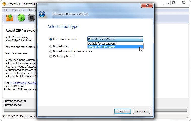 Types of attacks in AccentZPR for forgotten zip/zipx passwords