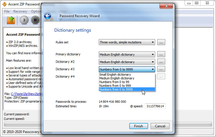 Dictionary attack settings in AccentZPR