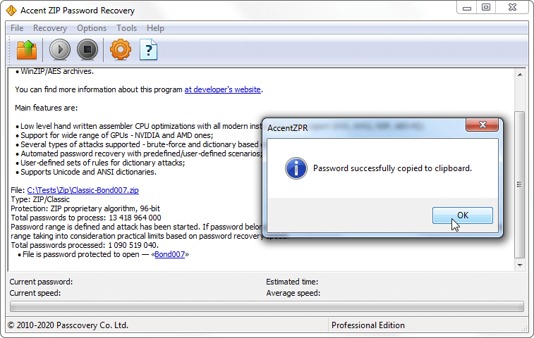 Display of found passwords in AccentZPR