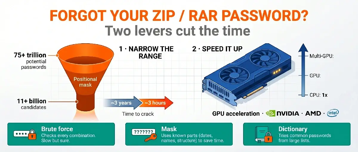 Infographic on Zip/RAR password recovery: a positional mask narrows the range from 75+ trillion to 11+ billion and the time from ~3 years to ~3 hours, plus GPU acceleration