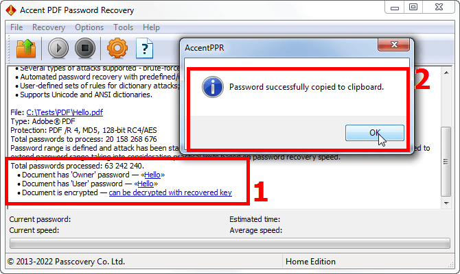 Successful PDF password recovery in AccentPPR