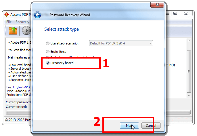 Choosing a dictionary attack on a password in AccentPPR