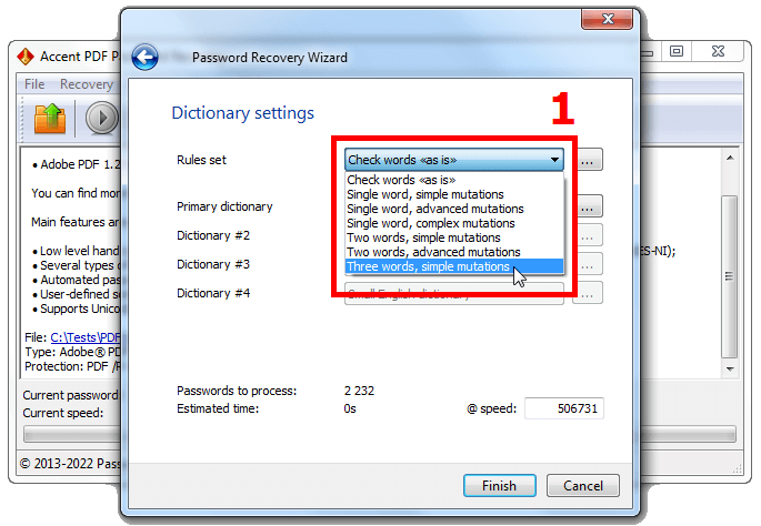 Choosing mutation rules and the number of dictionaries to attack in AccentPPR