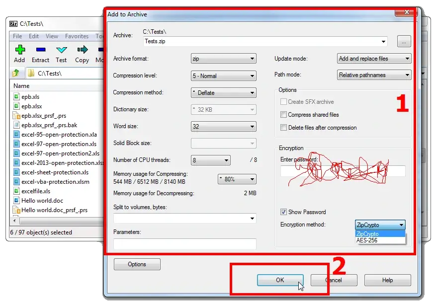 7-Zip: Interface for Configuring ZIP Archive Parameters During Creation