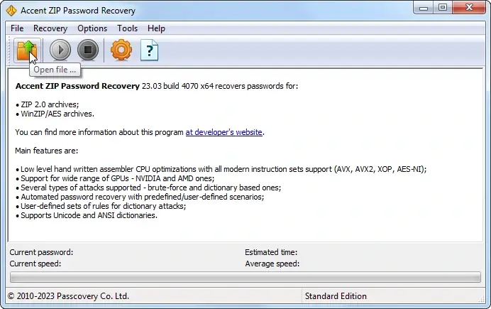 Accent ZIP Password Recovery: Main Program Window Interface