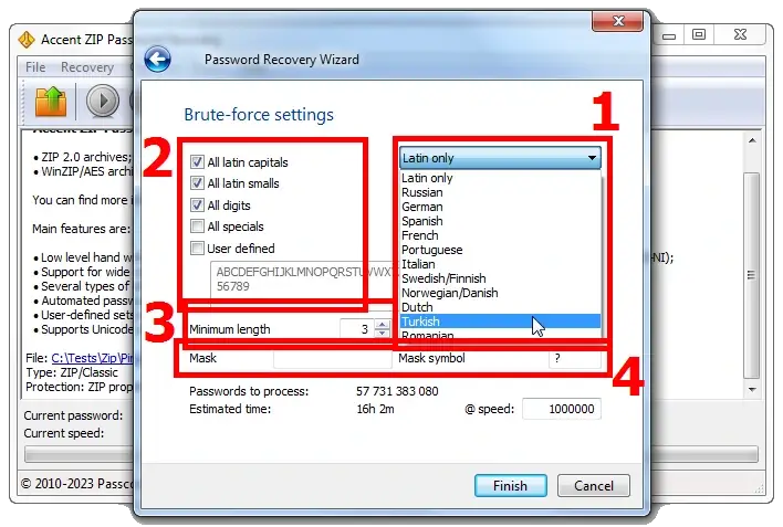 AccentZPR: Brute Force Attack Configuration Window