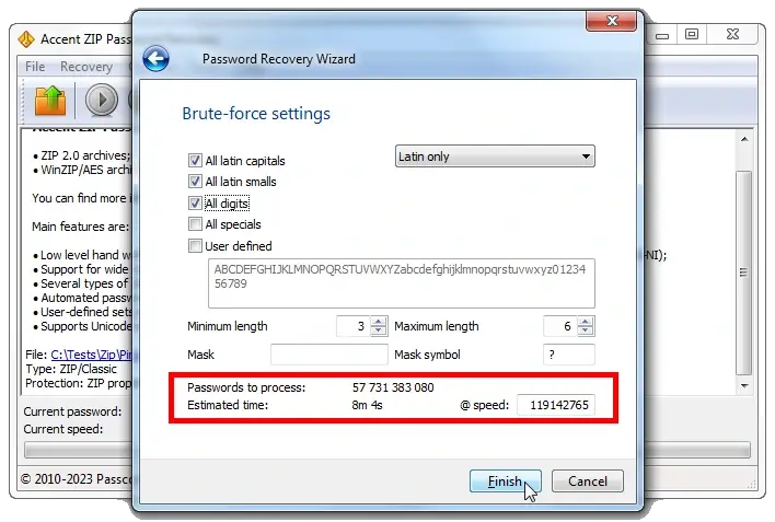 AccentZPR: Panel Showing Speed and Time Information for Password Cracking with Current Settings