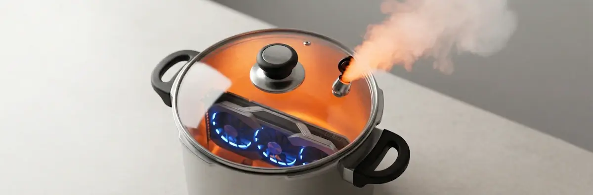 A graphics card inside a pressure cooker with the valve cracked open: a visual metaphor for GPU thermal throttling