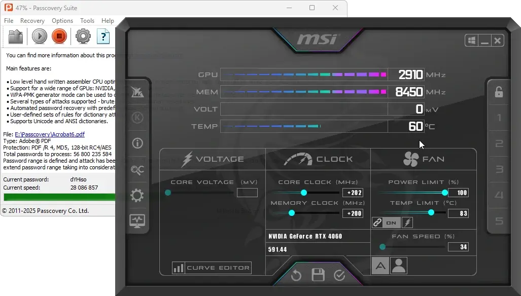 MSI Afterburner overlay on Passcovery Suite: recovering a PDF password (Acrobat 6) on an NVIDIA RTX 4060 GPU at 63°C