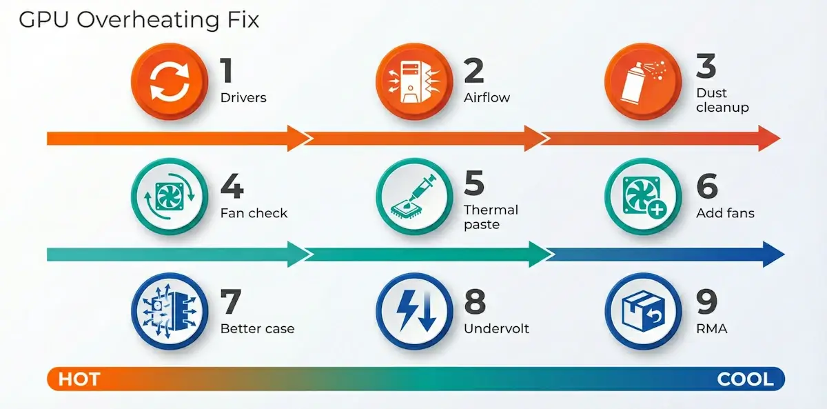 Infographic: 9 steps to lower GPU temperature, from updating drivers to filing an RMA warranty claim