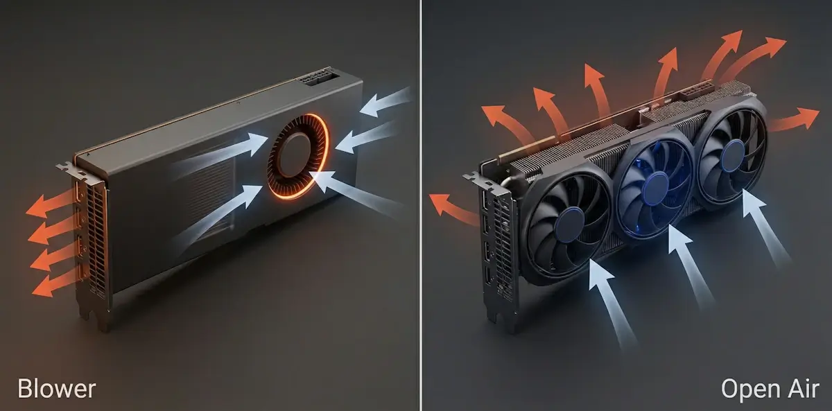 Blower vs. open air GPU cooling compared: blower pulls air from the end of the card and exhausts it out the bracket; open air pulls air from below and disperses it inside the case