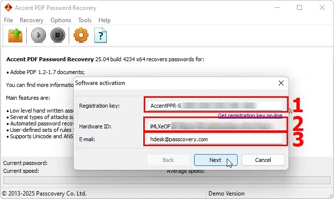 Passcovery software registration window