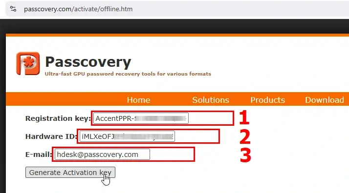Activation key request form on Passcovery website