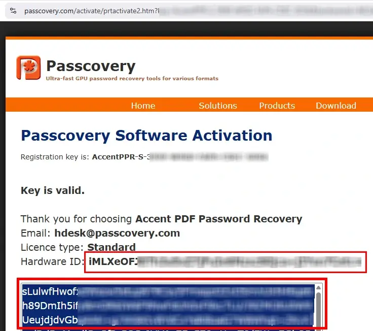 Window with activation key on Passcovery website