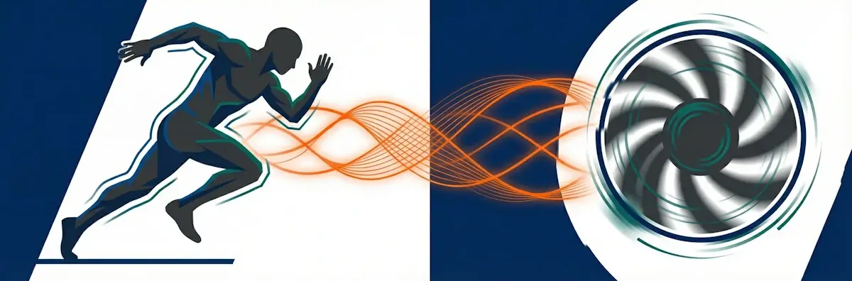 A sprinter and GPU fan running in parallel—both at maximum output