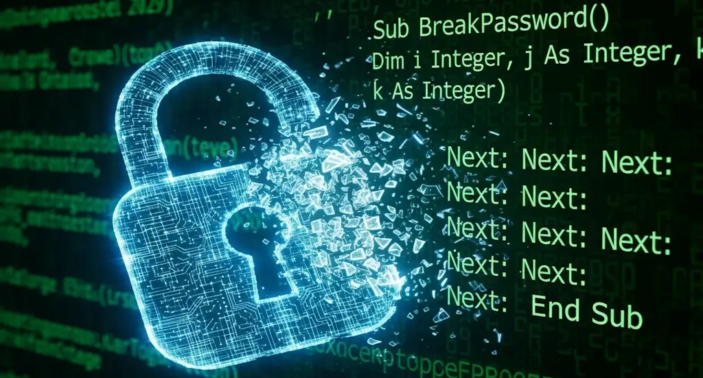 VBA password hack: A digital lock that breaks into pixels against a green code background containing the “Sub BreakPassword()” function.