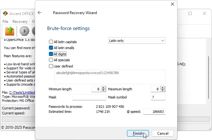 Brute-force settings window in AccentOPR