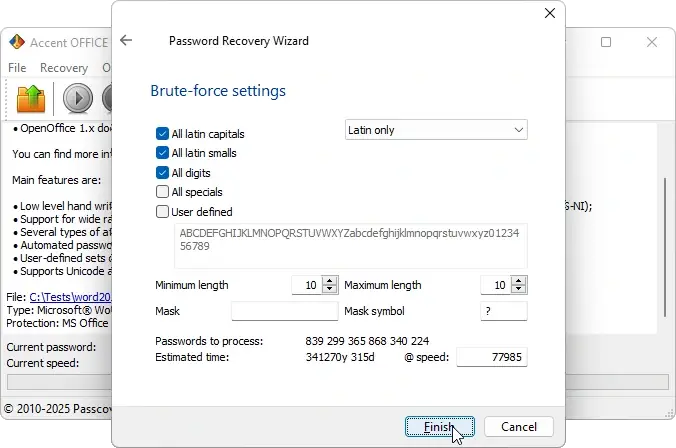 Brute-force settings window in AccentOPR
