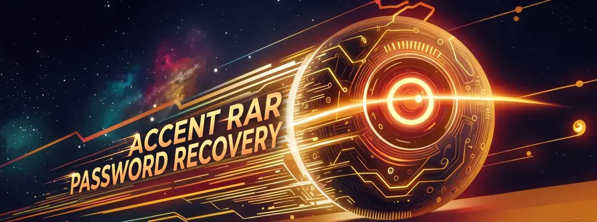 Cracking a RAR password in Accent RAR Password Recovery: a chip-sphere with a target at its center races through space, trailing a fiery streak of speed
