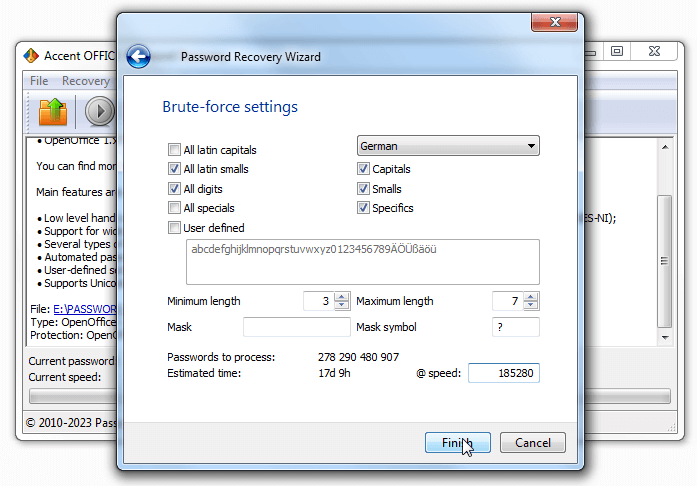 Brute force password attack in Passcovery programs