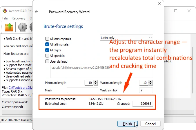RAR password brute-force time calculator in AccentRPR: changing the character range instantly recalculates search time
