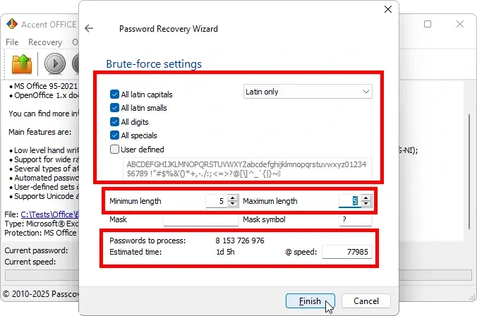 Brute-force attack configuration window in Accent OFFICE Password Recovery: character set selection, password length, combination calculator, and estimated time