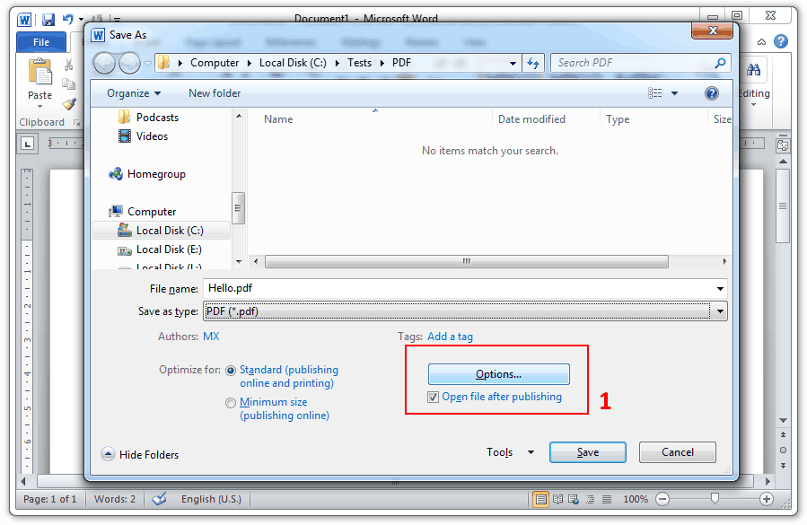 PDF file options popup window