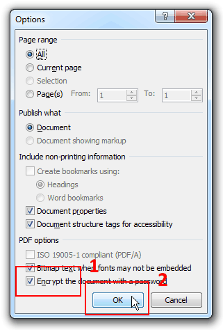 PDF file options window in Microsoft Office