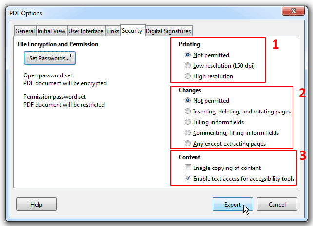 Setting PDF file usage rights in LibreOffice