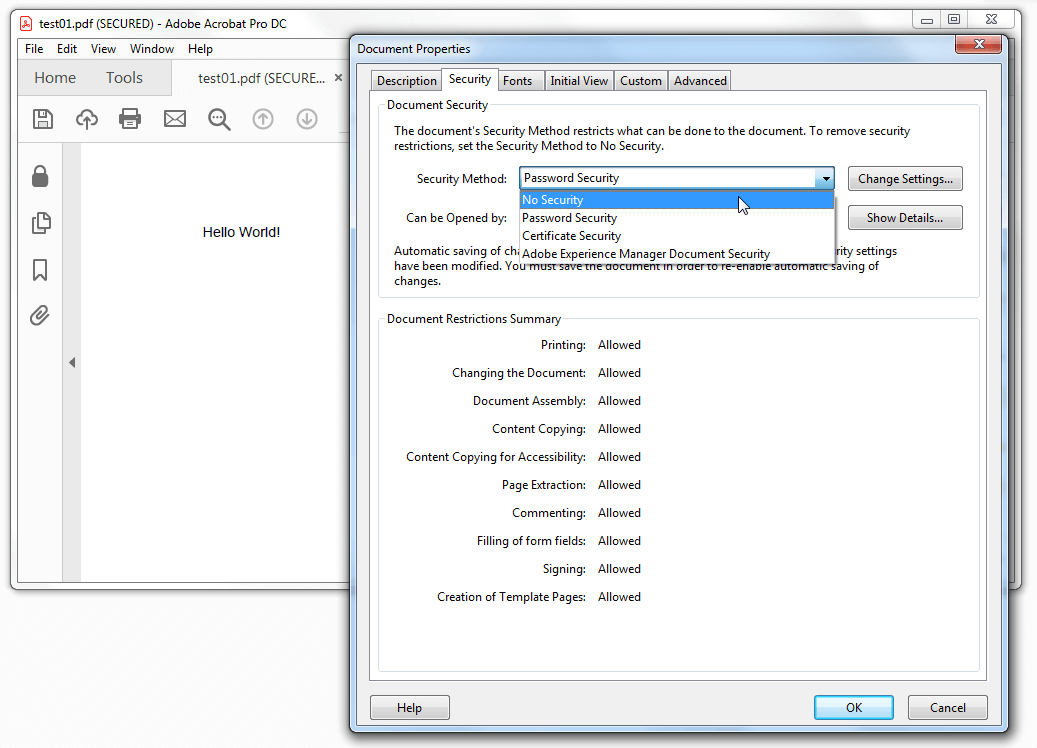 Removal of PDF password in Adobe Acrobat DC