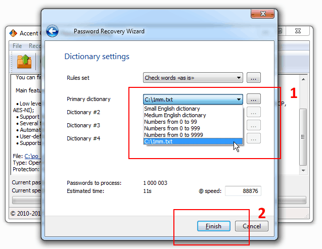 Dialog box — Dictionary attack settings